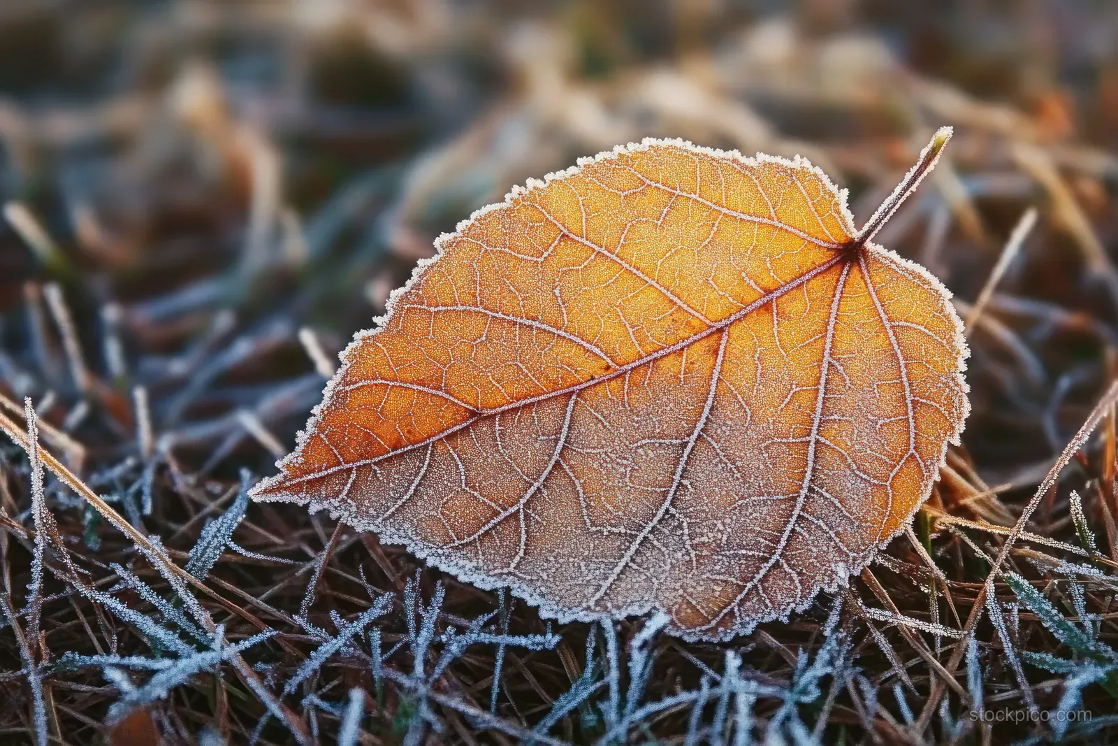 An orange leaf covered in frost lies on frozen grass and pine needles under early morning light.