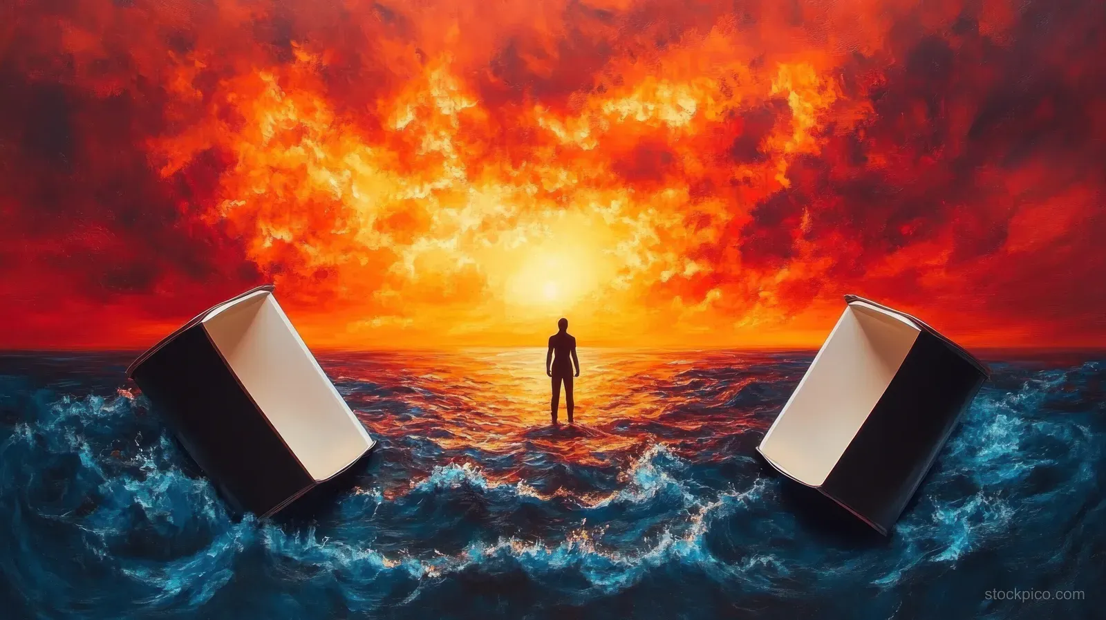Lone silhouette stands on churning ocean waves as two tilted paper cups float in front of a fiery sunset sky.