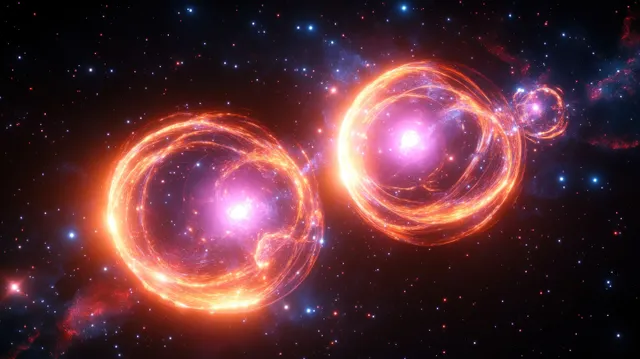 Two fiery orange-purple glowing spheres orbiting amid starfields and nebula dust with Light And Color Effects