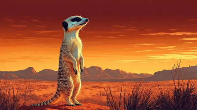 Meerkat standing alert on a rock at orange sunset with distant mountains