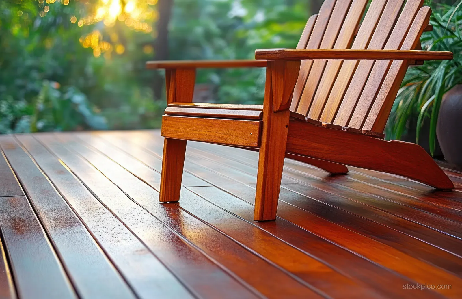 A wooden deck chair stands on oiled bangkirai planks with warm light and blurred greenery in the background.