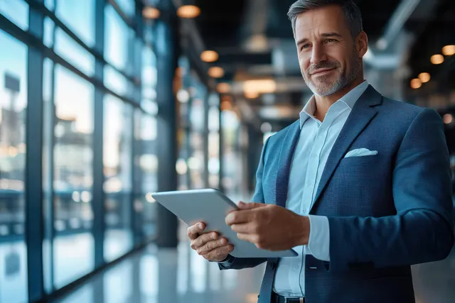 A smiling CEO uses a tablet in a modern office with a blurred city-view background.