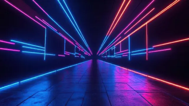 Un túnel de neón luminoso se aleja en la distancia con haces de luz azules y rosas sobre un suelo de cuadrícula reflectante.