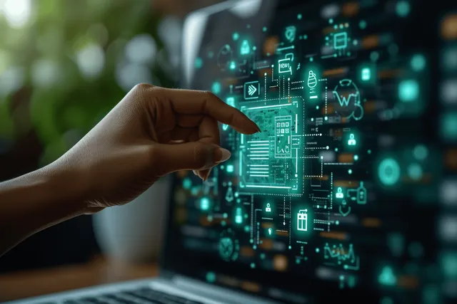 A businessman’s hand taps secure document icons on a tablet with glowing data network graphics behind it.