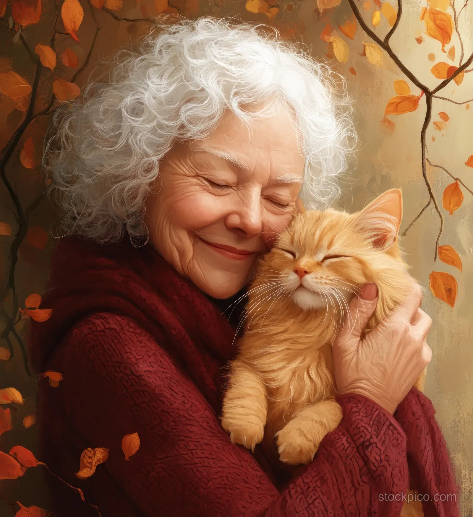 Smiling elderly woman embraces a fluffy orange cat while autumn leaves glow in the background.