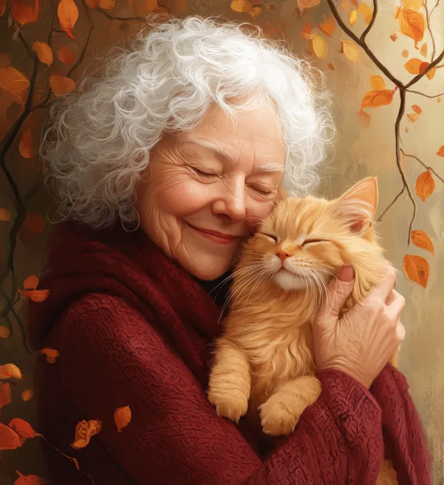 Smiling elderly woman embraces a fluffy orange cat while autumn leaves glow in the background.
