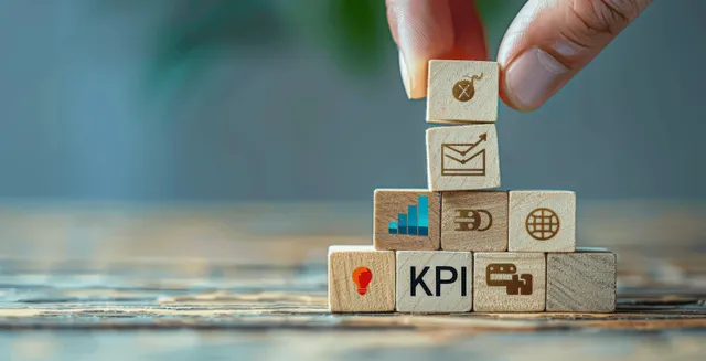 Hand placing KPI label block on stacked goal icons for business progress tracking