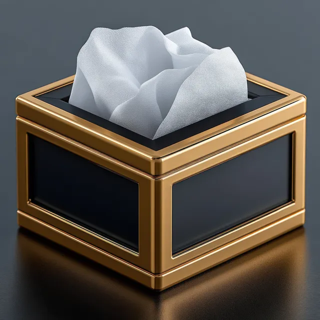Black and gold tissue box with white tissues protruding above the lid on a reflective surface.