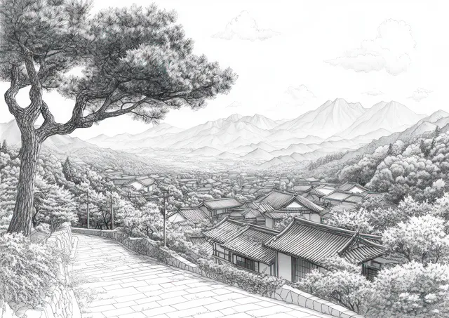 Japanese rural village view with large deciduous tree and layered mountains in ink linework