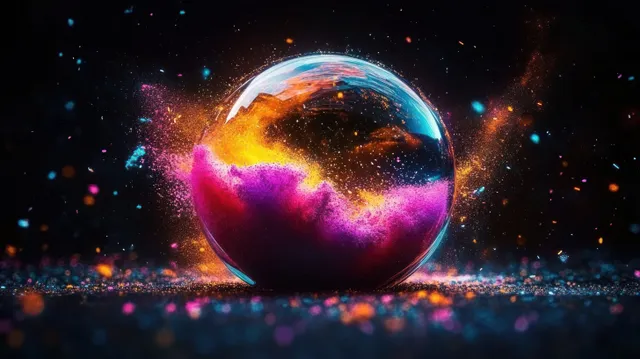 Multicolored powder explodes inside a clear glass sphere while bright particles scatter on a dark reflective surface.