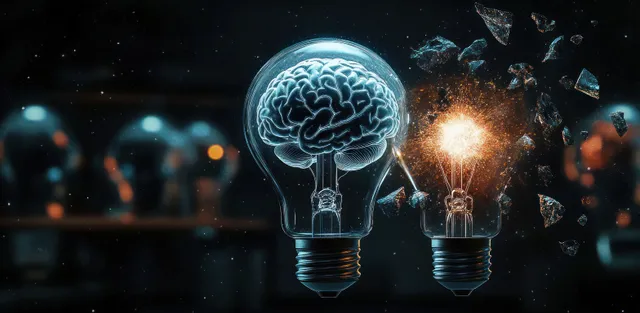 Brain-shaped light bulb and exploding bulb with sparks and shattered glass on dark background