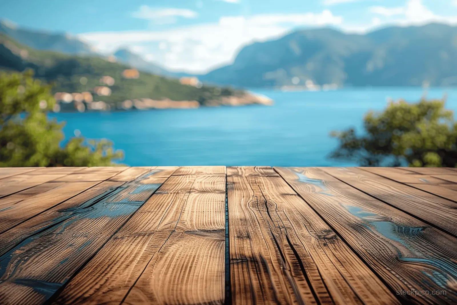 Wooden deck boards frame a serene blue lake with mountain silhouettes under a clear blue sky.