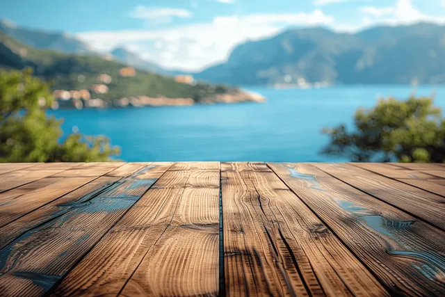 Wooden deck boards frame a serene blue lake with mountain silhouettes under a clear blue sky.