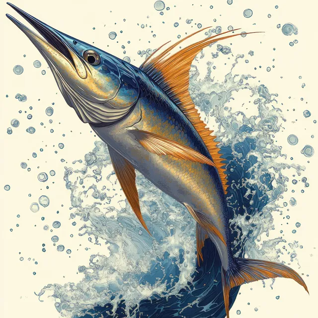 Marlin fish leaps from foamy ocean waves in a Japanese woodblock style illustration.