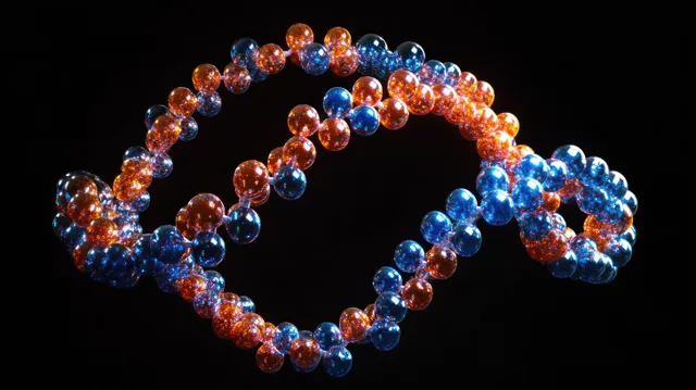 A glowing orange and blue 3D DNA double helix made of interlinked transparent spheres on a black background.