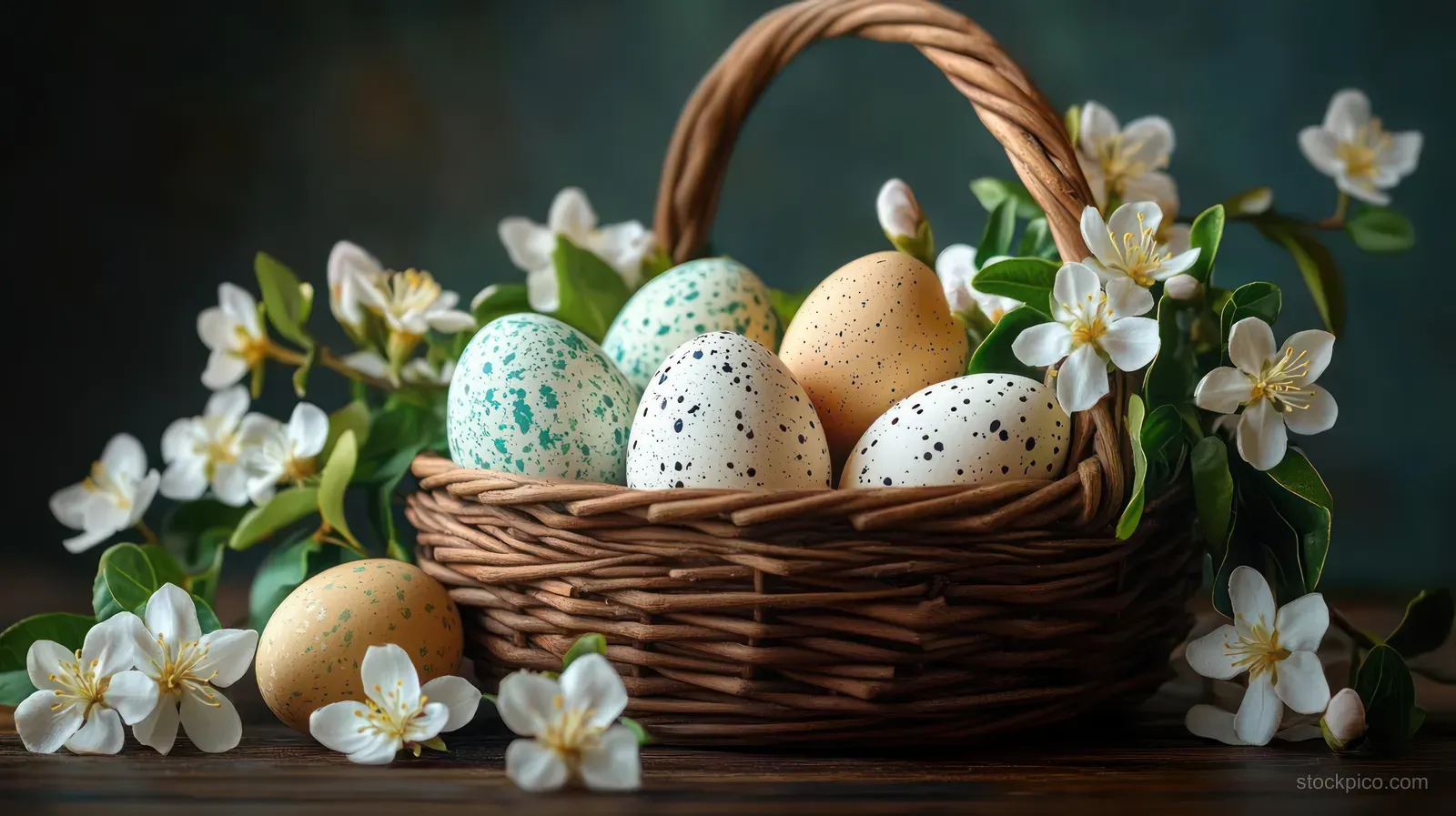 Wicker basket filled with speckled eggs beside white spring flowers and green leaves against a dark background.