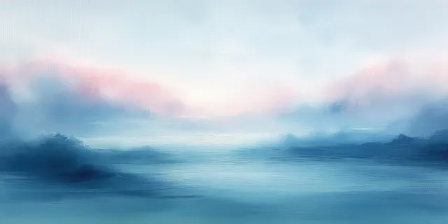 Pastel misty landscape with blurred hills and a glowing horizon over a calm blue waterline.