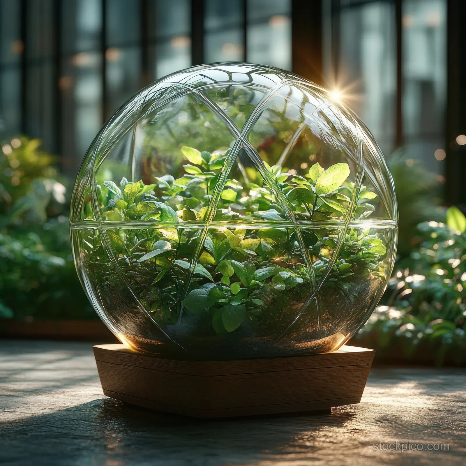 Sunlit star-edged glass terrarium containing vibrant green plants with soft reflections on a wooden base.