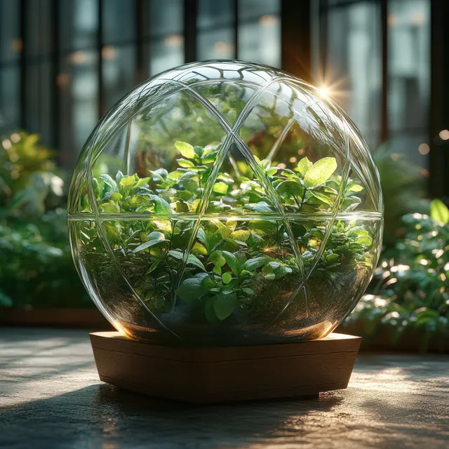 Sunlit star-edged glass terrarium containing vibrant green plants with soft reflections on a wooden base.