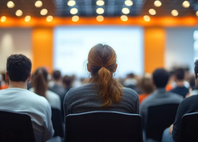 Audience seated in conference room watching a speaker present from a bright stage