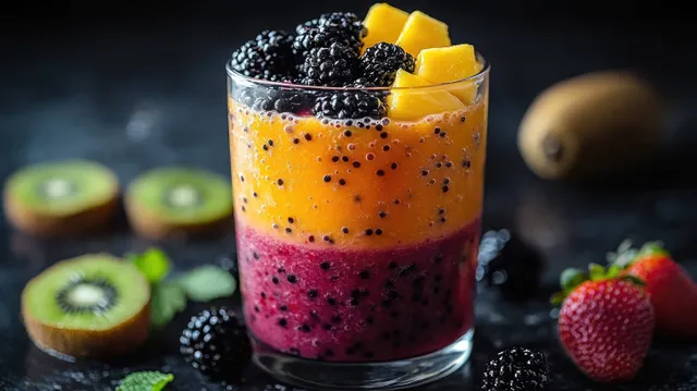 Two-layer fruit smoothie in a glass, topped with blackberries and mango pieces on dark table