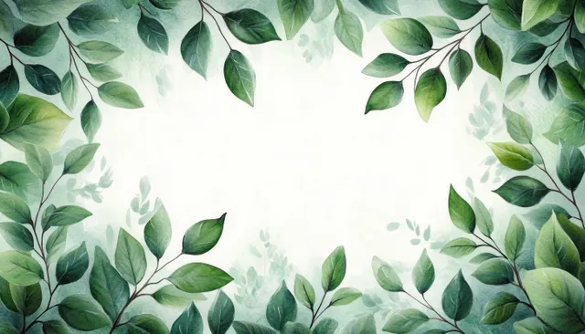 Watercolor green leaves form a decorative border around a blank light background center.