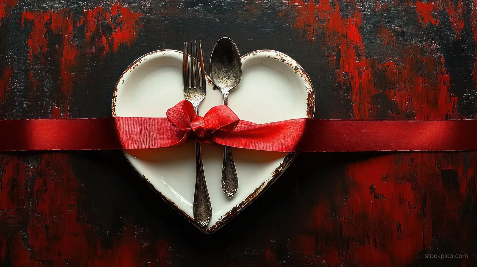 Heart-shaped plate with fork and spoon tied by a red ribbon on a textured dark red and black background.