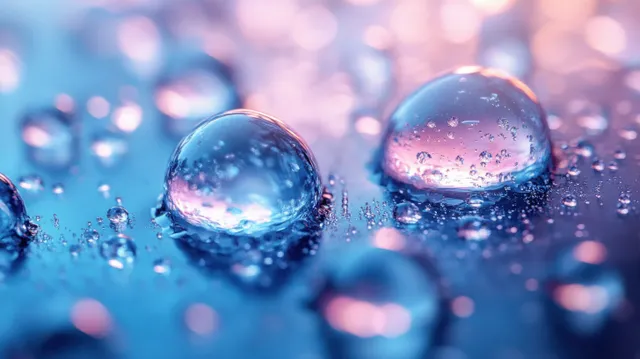 Glowing spherical bubbles float on a blue liquid surface with tiny droplets splashing around them.