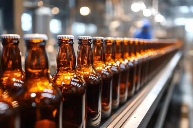 Amber glass bottles with white caps move along an industrial conveyor while a worker stays blurred in the background.
