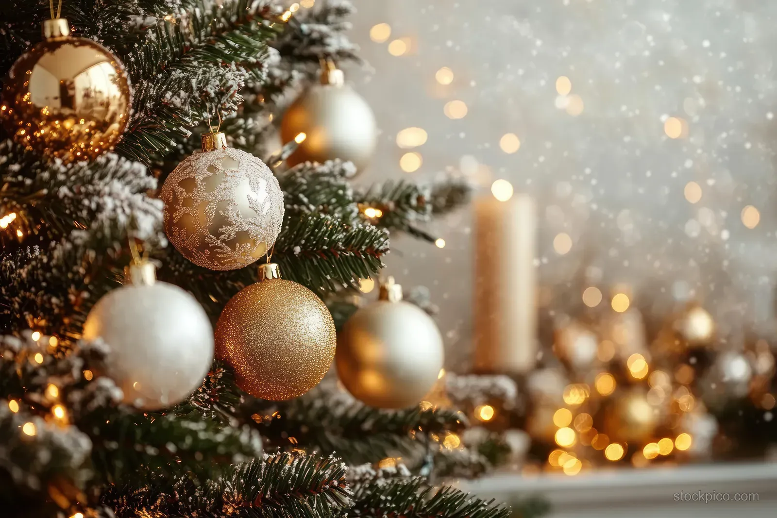 Gold and white Christmas ornaments hang on a pine tree with warm candlelight bokeh in the background.