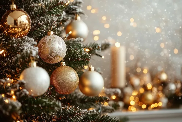 Gold and white Christmas ornaments hang on a pine tree with warm candlelight bokeh in the background.