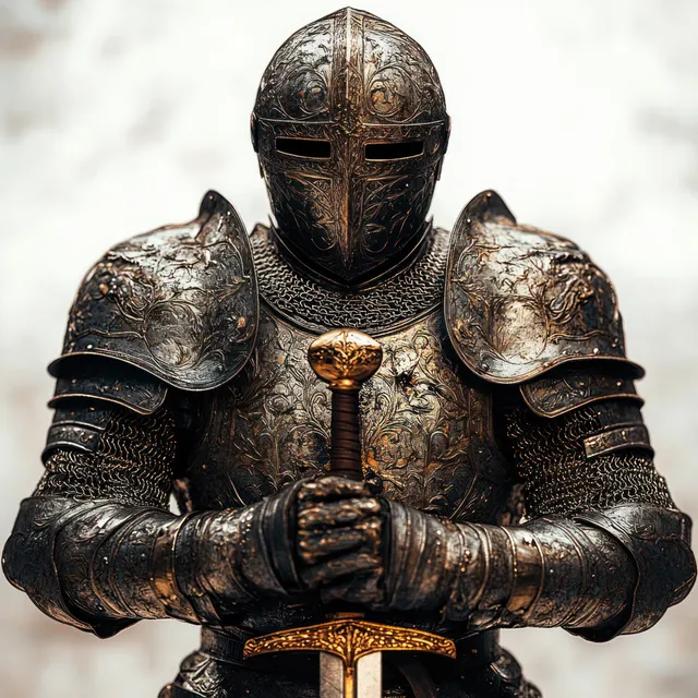 Ornate medieval knight in engraved full armor stands solemnly holding a decorated sword.