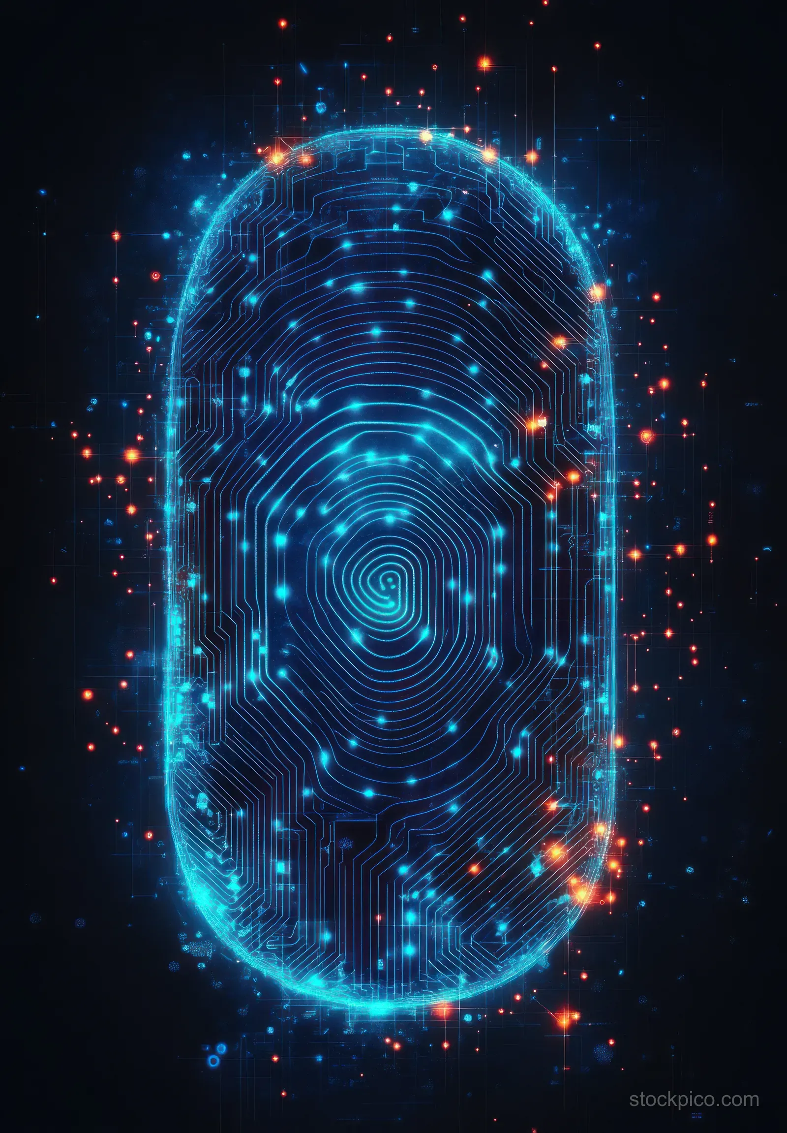 A glowing blue digital fingerprint formed by circuitry sits on a dark background with scattered orange and blue light particles.