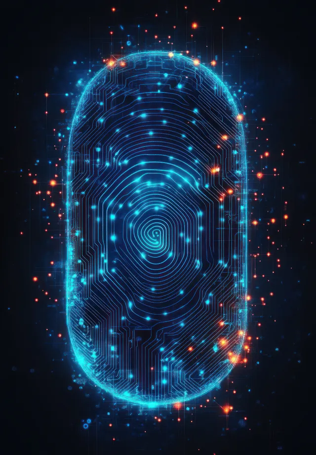 A glowing blue digital fingerprint formed by circuitry sits on a dark background with scattered orange and blue light particles.