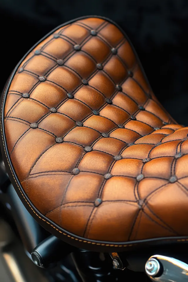 Close-up of a vintage brown quilted leather motorcycle seat with diamond stitching and round textured buttons.
