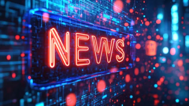 Neon NEWS hologram on futuristic interface with glowing data lines and floating light orbs