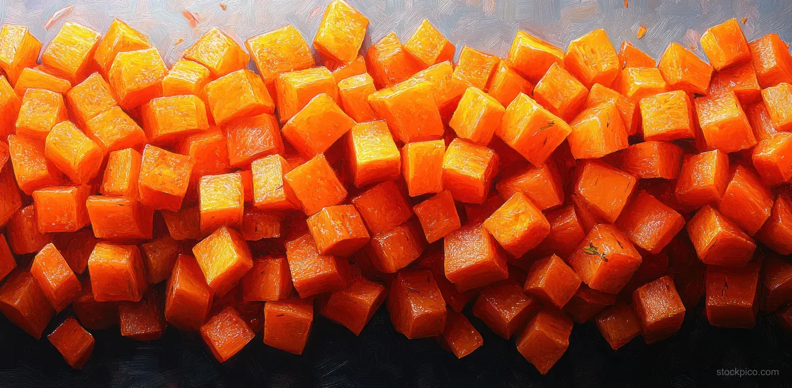 Diced carrots arranged in a dense row on a dark surface.