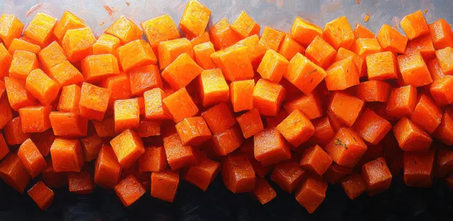 Diced Carrots Arranged on Dark Surface with Bright Orange Texture