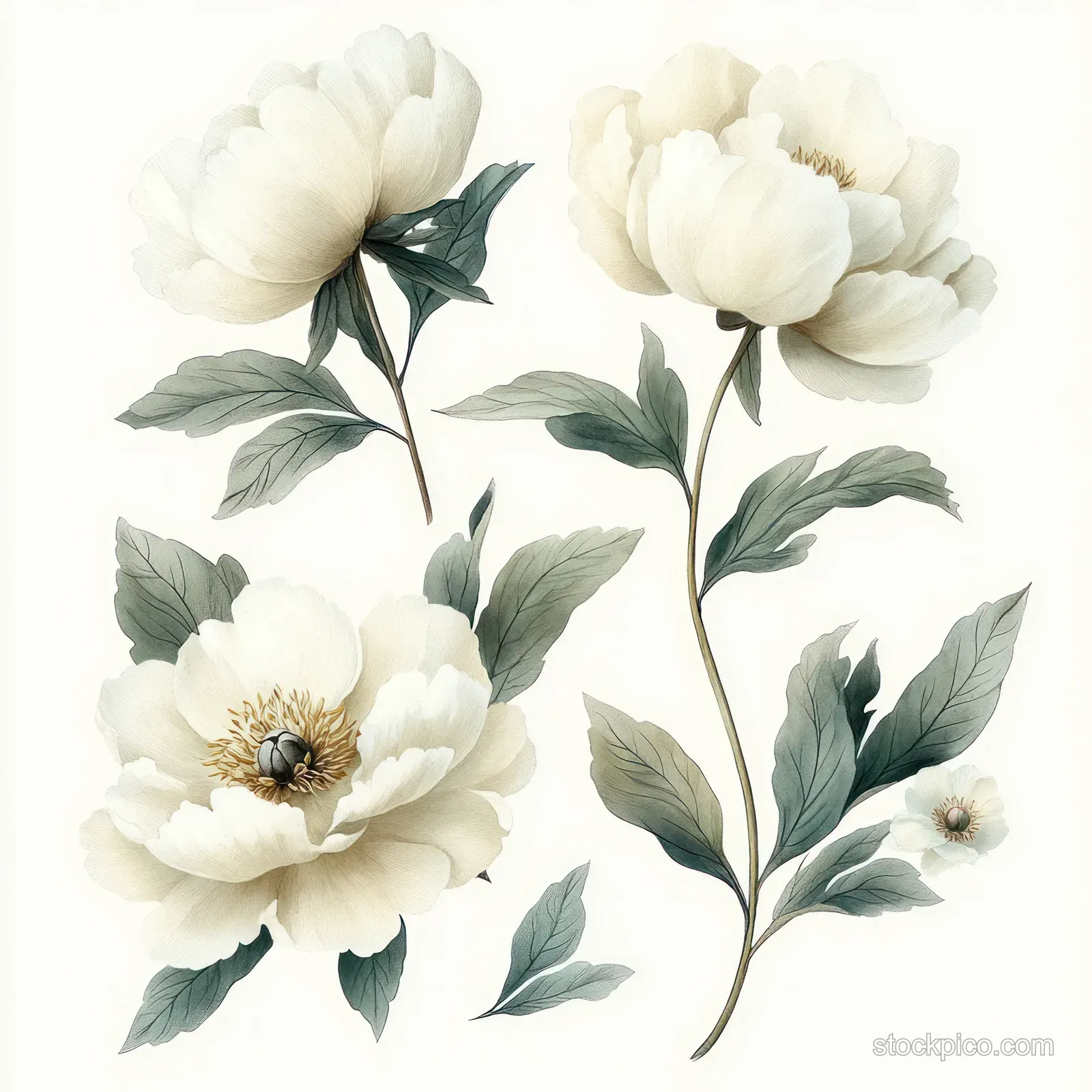 White peony blossoms with green leaves painted in watercolor on a pale background.