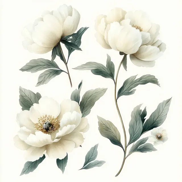 White peony blossoms with green leaves painted in watercolor on a pale background.