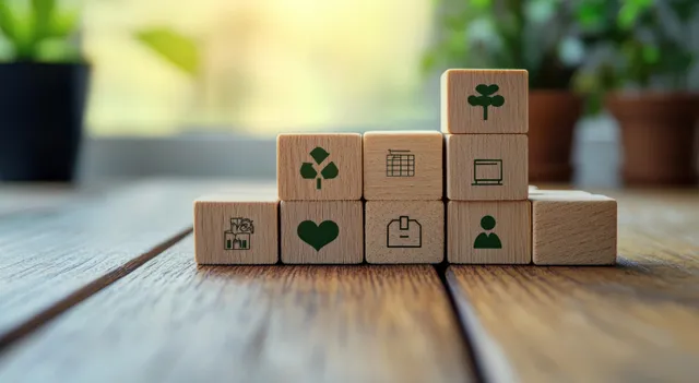 Wooden blocks with climate icons and small tree symbol on desk for carbon offset concept