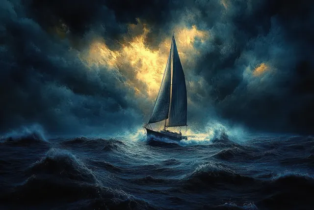 A sailboat fights rough storm waves under dark clouds with a bright golden beam breaking through.