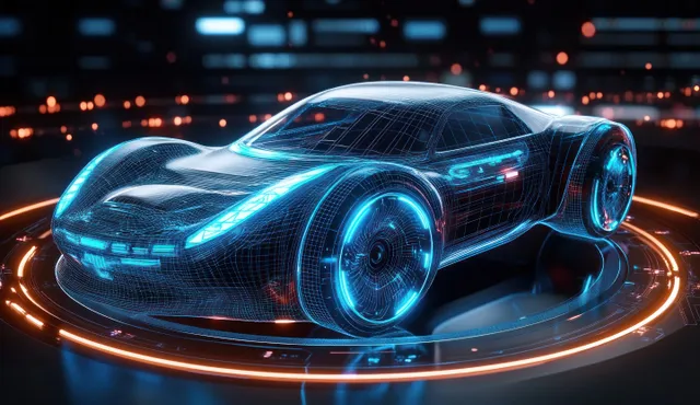 Futuristic sports car with glowing blue wireframe floats above a neon orange circular light platform.