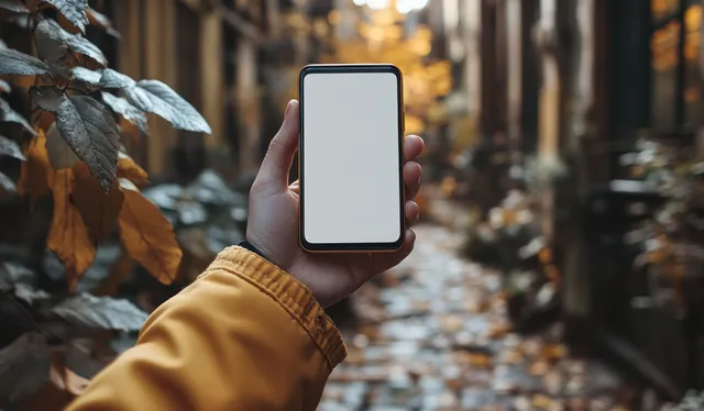 Hand holding a smartphone with blank screen in a softly blurred city street