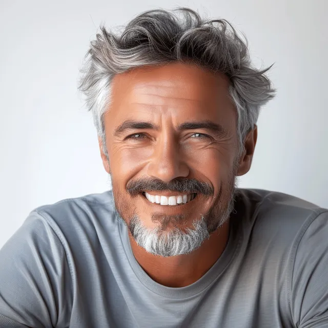 Smiling silver-haired man in casual t-shirt against white background, close-up portrait