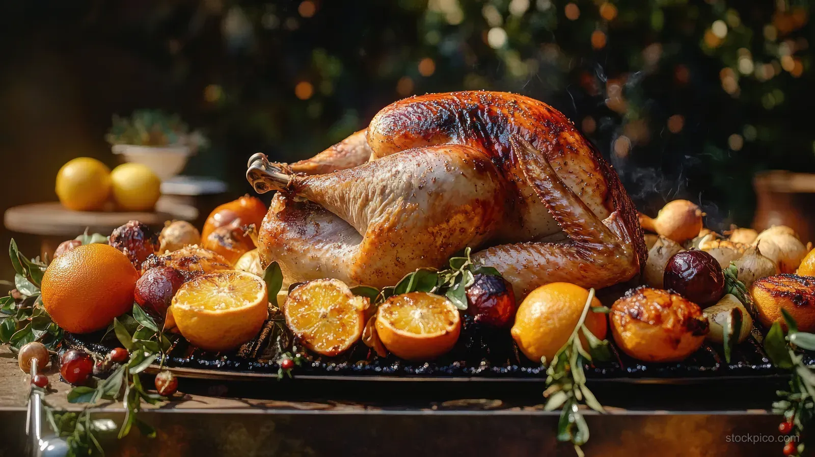 Golden roasted whole turkey on a platter outdoors with grilled citrus slices and fresh herb sprigs in warm light.