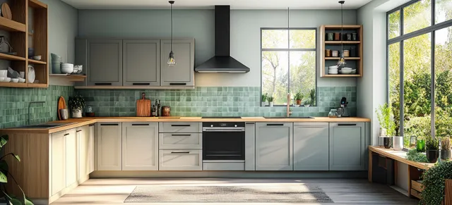 Sunlit gray kitchen with green tile backsplash, wooden counters, and neatly arranged cookware by windows