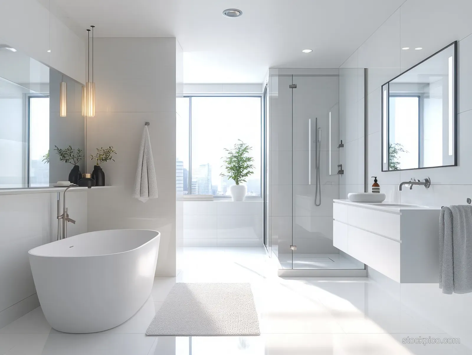 Minimalist white bathroom showing a freestanding bathtub, glass shower enclosure, and vanities beside sunlit windows.