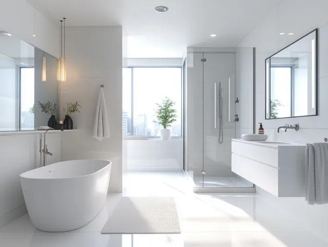 Minimalist white bathroom showing a freestanding bathtub, glass shower enclosure, and vanities beside sunlit windows.