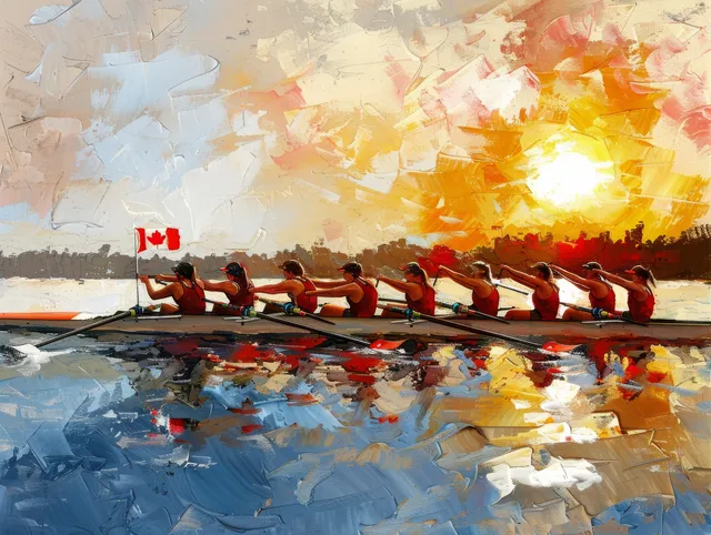 A Canadian women’s rowing team in a long eight boat rows in unison at sunset with visible oars and wake.